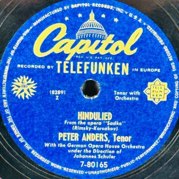 Peter Anders - Hindulied / Di Rigori Armati - 7-80165 Capitol Telefunken 78 RPM - Picture 2 of 4